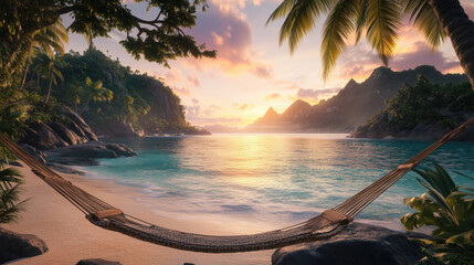Fototapeta premium Breathtaking Tropical Island at Sunrise with Serene Beach, Crystal-Clear Turquoise Water, Vibrant Palm Trees, and a Luxurious Hammock Surrounded by Lush Green Mountains and a Colorful Sky