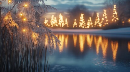 A peaceful lakeside Christmas landscape with frosty reeds, glowing trees, and reflections of holiday lights in the water