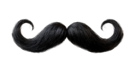 Black handlebar moustache illustration with realistic texture and detailed curved shape, bold facial hair symbol isolated on transparent background