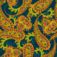 Digital vector textile print. Seamless Design suitable for covers, fabrics, textiles, wrapping paper, featuring an antique Thai pattern Paisley Indian motifs and decorative floral elements