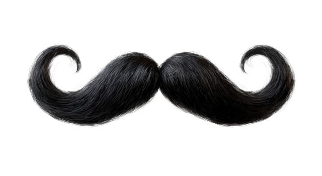 Black handlebar moustache illustration with realistic texture and detailed curved shape, bold facial hair symbol isolated on transparent background