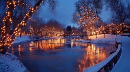 A serene Christmas evening by a frozen river with reflections of glowing holiday lights from nearby trees
