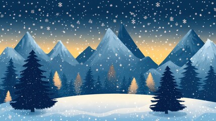 Naklejka premium A serene mountain Christmas landscape with frosted peaks, glowing trees, and a starry winter night sky