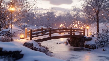 A serene snowy Christmas landscape with a wooden bridge, frozen stream, and cozy lanterns lighting the way