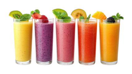Five colorful fruit smoothies in tall clear glasses, fresh kiwi, berry, and citrus drinks with mint garnish, healthy summer beverages isolated on transparent background