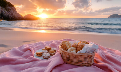 A serene beach scene featuring a picnic basket with pastries at sunset.