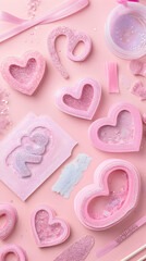 A collection of pink heart-shaped molds and decorative items on a pastel background.