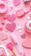 A vibrant arrangement of pink hearts and crafting supplies on a pink background.