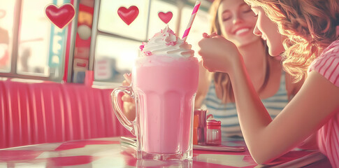 Two friends enjoy a pink milkshake in a cheerful diner setting.