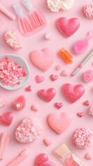 A vibrant arrangement of pink-themed sweets and decorative items for a festive celebration.