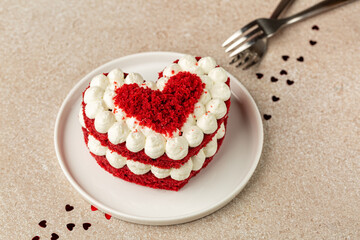 Heart Shaped Red Velvet Cake. Saint Valentines day dessert for two. Food background.