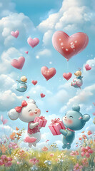 A whimsical scene featuring cute animals exchanging gifts amidst hearts and flowers in a bright sky.