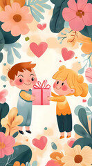 Two children exchanging a gift surrounded by flowers and hearts.