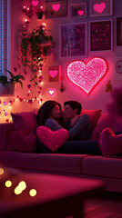 A cozy scene of a couple sharing a romantic moment on a pink couch surrounded by heart decor.