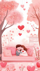 A romantic scene depicting a couple embracing on a pink couch surrounded by hearts and trees.