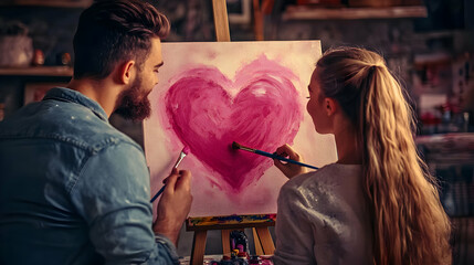 A couple joyfully painting a pink heart on canvas together.