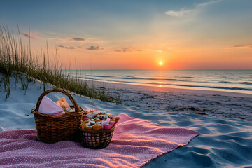 A serene beach picnic at sunset with baskets and a blanket on the sand.