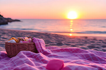 A serene beach picnic at sunset with a basket of snacks on a pink blanket.