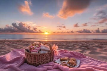 A serene beach picnic at sunset with a basket of treats and a beautiful view.