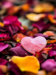 A heart-shaped stone rests among colorful rose petals, symbolizing love and affection.