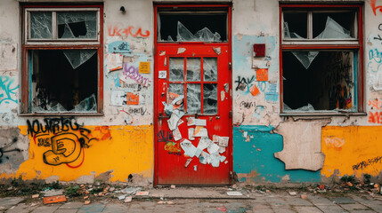 Facade, A vibrant, graffiti-covered wall with a red door, featuring broken windows and layers of peeling paint, showcasing urban decay and artistic expression.
