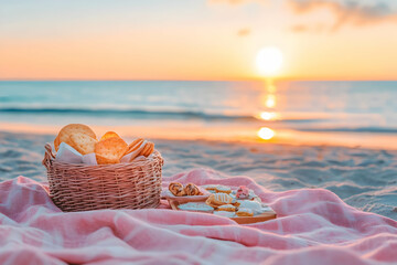 A serene beach picnic at sunset with a basket of snacks and a beautiful ocean view.