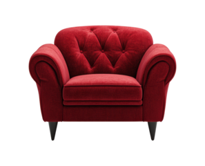 Classic red upholstered armchair with tufted backrest, curved arms, and plush cushions, perfect for stylish living room interiors isolated on transparent background