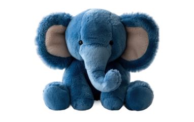 Adorable blue plush elephant toy with big ears, soft texture, cuddly stuffed animal for kids, cute children’s gift, cozy playtime companion isolated on transparent background