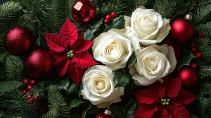A beautiful bouquet of white roses and red poinsettias surrounded by evergreen branches and ornaments