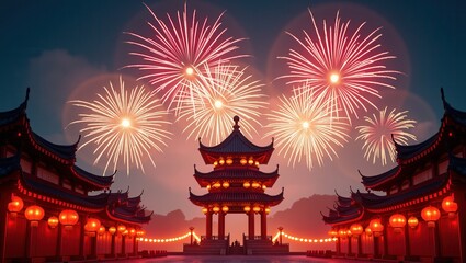 Fototapeta premium A stunning display of fireworks bursting in the night sky above a traditional Chinese temple, illuminated by red lanterns and architectural lighting. Generative, AI,