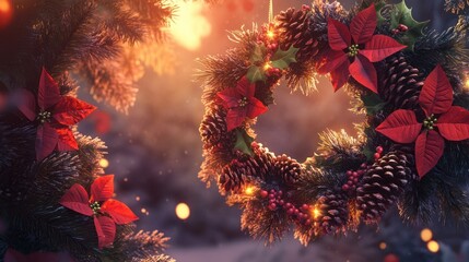 A beautiful wreath of pinecones, holly, and poinsettias hanging against a glowing Christmas backdrop