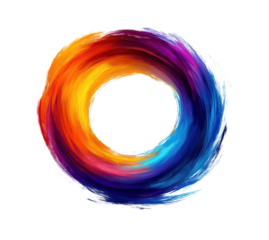 Vibrant circular paintbrush stroke in rainbow colors, artistic brushstroke with blue, red, yellow accents, abstract colorful design, creative art isolated on transparent background