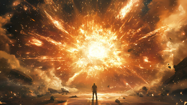 Short description: a person stands at the cusp of a cosmic explosion, an earthly witness. Liminality. Illustration