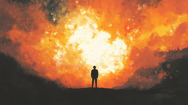 Short description: a person stands at the cusp of a cosmic explosion, an earthly witness. Liminality. Illustration