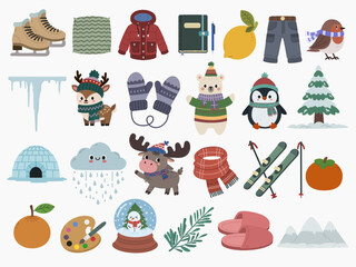 Set of different winter vector elements on a white background including ice skates, jacket, pillow, scarf, penguin, reindeer, snow globe and many more . . . 