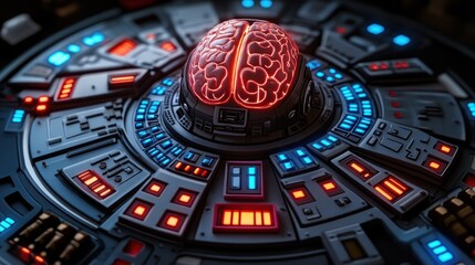 Glowing brain inside futuristic control panel.