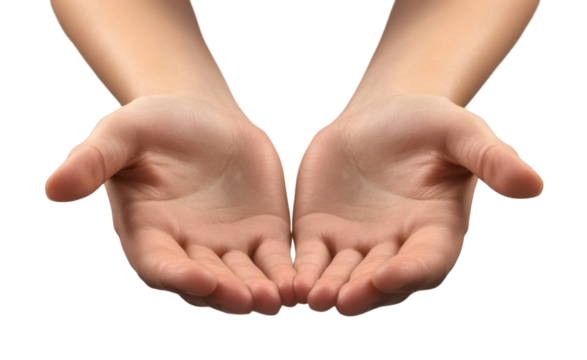 Pair of open cupped hands with soft skin and natural texture, asking or offering gesture, symbolic concept of giving isolated on transparent background