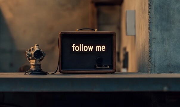 Follow me, concept, the words follow me, the text follow me, retro, icon, web, button, graphic element, set, retro look text, neon glow, aged, old, polaroid, nostalgia, sign that says follow me