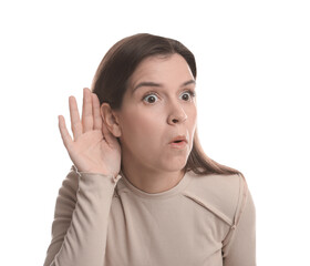 Woman showing hand to ear gesture on white background
