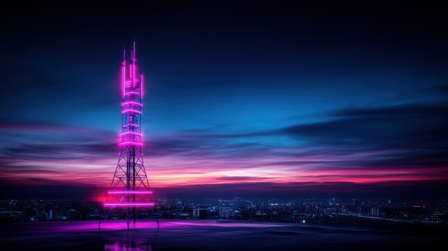 Urban skyline at twilight showcasing a vibrant neon-lit communication tower against a colorful sunset sky