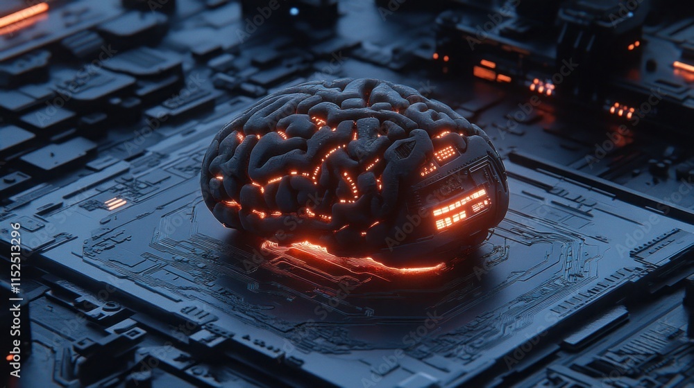 Poster glowing brain model on a circuit board, representing artificial intelligence and neural networks. (1