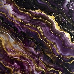 Luxurious dark marble with dynamic gold streaks, contrasting purple tones, and sparkling ruby gems