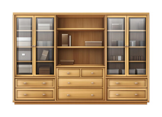 Modern wooden cabinet wardrobe designed for storage with glass doors and drawers. Isolated on transparent background, png.