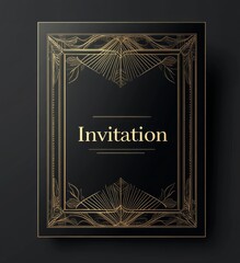 Elegant Art Deco black card with golden line art frame and "Invitation" text in a script font, displayed on a flat surface with minimal lighting for a luxurious feel.

