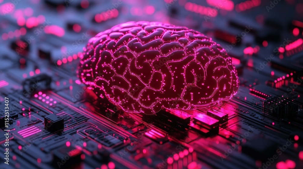 Poster glowing brain model on a circuit board, representing artificial intelligence and neural networks. (2