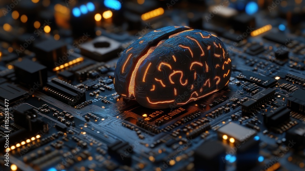 Poster glowing brain model on a circuit board, representing artificial intelligence and neural networks.
