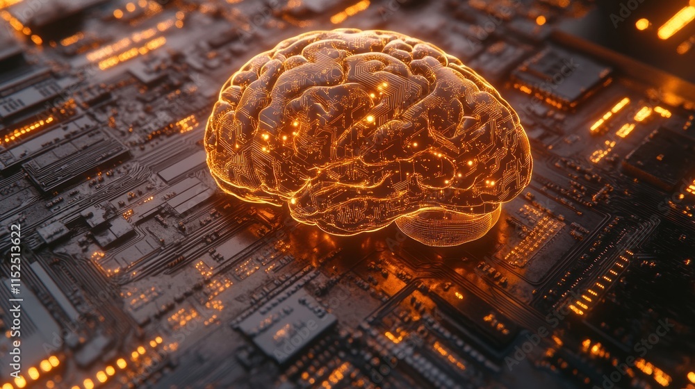 Poster glowing brain model on a circuit board, representing artificial intelligence and neural networks.