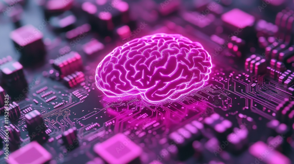 Poster glowing brain model on circuit board, representing ai and technology.
