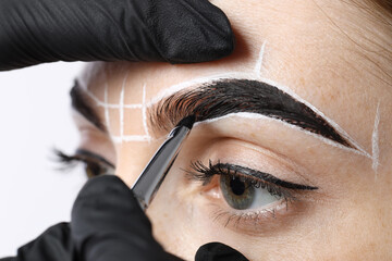Young woman undergoing henna eyebrows dyeing procedure on light background, closeup