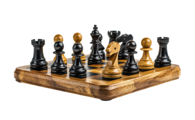 Wooden chess board with black and brown pieces in starting position, strategic game setup, classic design, and traditional gameplay theme isolated on transparent background